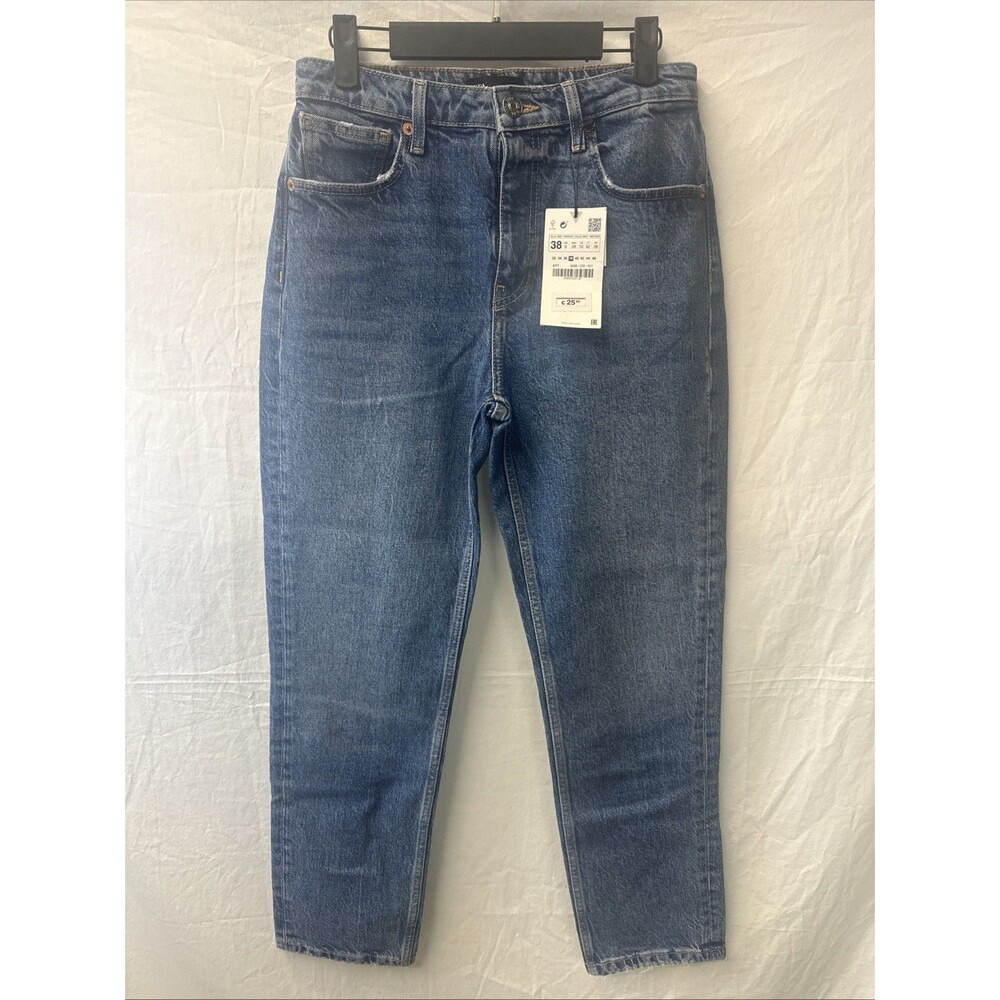 Zara High Waisted Tapered Denim Mom Jeans Cropped Blue Size 38 / 6